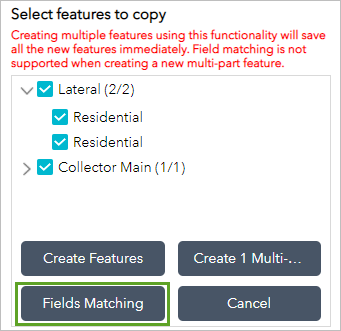 Fenêtre Sélectionner les entités à copier avec le bouton Appariement de champ Fenêtre Sélectionner les entités à copier avec le bouton Appariement de champ